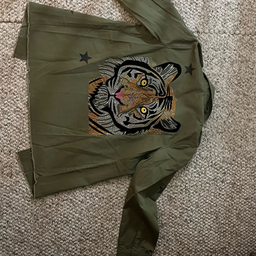 Olive Green Jacket with Swarovski Crystals Tiger Design
